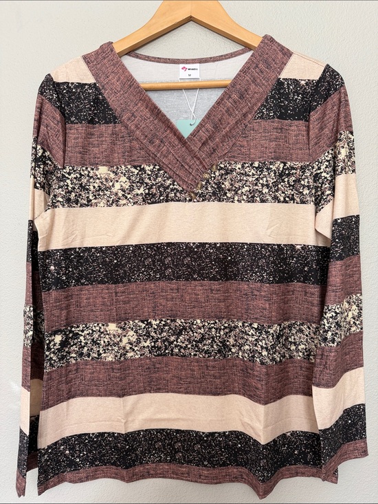 Wiholl Tops - Striped V-Neck Long Sleeve Tee in Mauve & Cream by Wiholl Stretchy Lightweight M